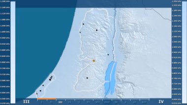 Animasyonlu efsanesi - parlayan şekli, idari sınırları, ana şehirler, sermaye ile Palestina alanda su buharı basıncı aya göre. Sterografik projeksiyon