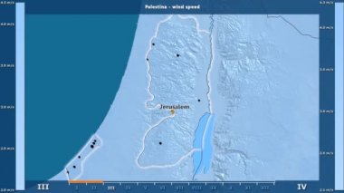 Rüzgar hızı aya göre animasyonlu efsanesi - İngilizce etiketleri ile Palestina alanda: ülke ve sermaye adları, açıklama göster. Sterografik projeksiyon