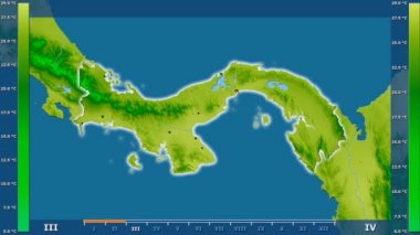 Animasyonlu gösterge parlayan şekli, idari sınırları, ana şehirler, sermaye - Panama bölge ortalama sıcaklık aya göre. Sterografik projeksiyon