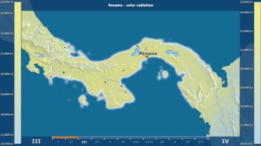 Aya göre güneş radyasyonu animasyonlu gösterge - İngilizce etiketleri Panama bölge: ülke ve sermaye adları, açıklama göster. Sterografik projeksiyon