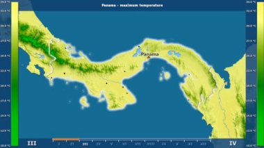 Aya göre maksimum sıcaklık animasyonlu gösterge - İngilizce etiketleri Panama bölge: ülke ve sermaye adları, açıklama göster. Sterografik projeksiyon