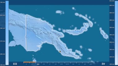 Papua Yeni Gine alanda animasyonlu gösterge - parlayan şekli, idari sınırları, ana şehirler, sermaye ile yağış aya göre. Sterografik projeksiyon