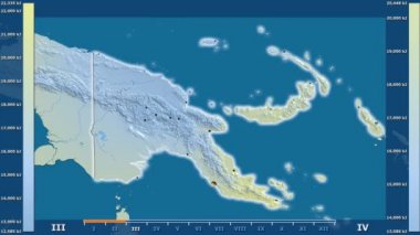 Animasyonlu gösterge - parlayan şekli, idari sınırları, ana şehirler, sermaye Papua Yeni Gine alanında güneş radyasyonu aya göre. Sterografik projeksiyon