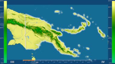 Animasyonlu gösterge - parlayan şekli, idari sınırları, ana şehirler, sermaye Papua Yeni Gine alanında maksimum sıcaklık aya göre. Sterografik projeksiyon