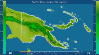 Ortalama sıcaklık ay tarafından animasyonlu gösterge - İngilizce etiketleri Papua Yeni Gine alanında: ülke ve sermaye adları, açıklama göster. Sterografik projeksiyon