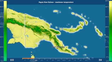 Papua Yeni Gine alanda animasyonlu gösterge - İngilizce etiketleri ile aya göre maksimum sıcaklık: ülke ve sermaye adları, açıklama göster. Sterografik projeksiyon