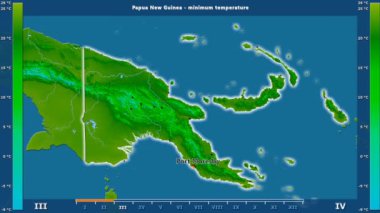 Papua Yeni Gine alanda animasyonlu gösterge - İngilizce etiketleri ile aya göre minimum sıcaklığı: ülke ve sermaye adları, açıklama göster. Sterografik projeksiyon