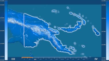 Papua Yeni Gine bir bölge aya göre su buharı basınç gösterge - parlayan şekli, idari sınırları, ana şehirler, sermaye animasyon. Sterografik projeksiyon