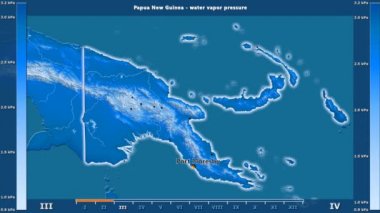 Papua Yeni Gine alanda animasyonlu gösterge - İngilizce etiketleri ile aya göre su buhar basıncı: ülke ve sermaye adları, açıklama göster. Sterografik projeksiyon