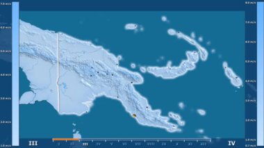 Hız animasyonlu gösterge - parlayan şekli, idari sınırları, ana şehirler, sermaye Papua Yeni Gine alanında aya göre rüzgar. Sterografik projeksiyon