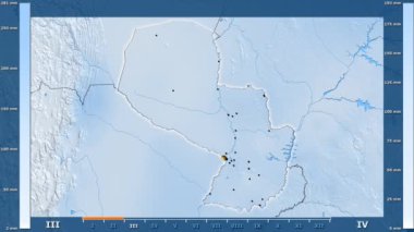 Animasyonlu efsanesi - parlayan şekli, idari sınırları, ana şehirler, sermaye ile Paraguay alan yağış aya göre. Sterografik projeksiyon