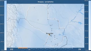 Animasyonlu efsanesi - İngilizce etiketleri ile Paraguay alan aya göre Yağış: ülke ve sermaye adları, açıklama göster. Sterografik projeksiyon