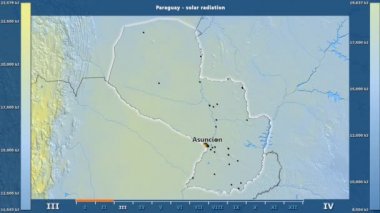 Aya göre güneş radyasyonu animasyonlu efsanesi - İngilizce etiketleri ile Paraguay alanında: ülke ve sermaye adları, açıklama göster. Sterografik projeksiyon