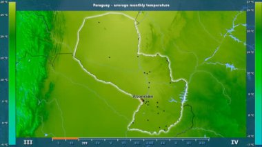 Ortalama sıcaklık ay tarafından animasyonlu efsanesi - İngilizce etiketleri ile Paraguay alanında: ülke ve sermaye adları, açıklama göster. Sterografik projeksiyon
