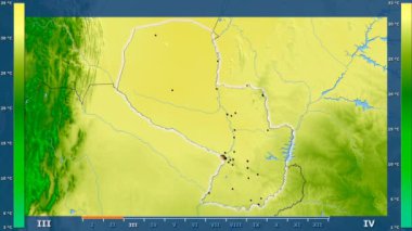 Animasyonlu efsanesi - parlayan şekli, idari sınırları, ana şehirler, sermaye ile Paraguay alanında maksimum sıcaklık aya göre. Sterografik projeksiyon