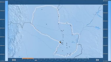 Hız animasyonlu efsanesi - parlayan şekli, idari sınırları, ana şehirler, sermaye ile Paraguay alan aya göre rüzgar. Sterografik projeksiyon