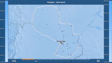 Rüzgar hızı aya göre animasyonlu efsanesi - İngilizce etiketleri ile Paraguay alanında: ülke ve sermaye adları, açıklama göster. Sterografik projeksiyon