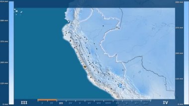 Animasyonlu efsanesi - parlayan şekli, idari sınırları, ana şehirler, sermaye ile Peru alan yağış aya göre. Sterografik projeksiyon