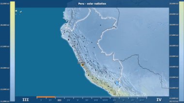 Aya göre güneş radyasyonu animasyonlu efsanesi - İngilizce etiketleri ile Peru alanında: ülke ve sermaye adları, açıklama göster. Sterografik projeksiyon