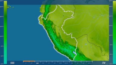 Animasyonlu efsanesi - parlayan şekli, idari sınırları, ana şehirler, sermaye ile Peru alanında ortalama sıcaklık aya göre. Sterografik projeksiyon