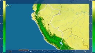Animasyonlu efsanesi - parlayan şekli, idari sınırları, ana şehirler, sermaye ile Peru alanında maksimum sıcaklık aya göre. Sterografik projeksiyon