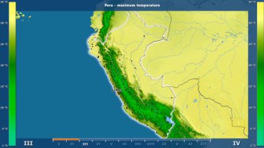 Aya göre maksimum sıcaklık animasyonlu efsanesi - İngilizce etiketleri ile Peru alanında: ülke ve sermaye adları, açıklama göster. Sterografik projeksiyon
