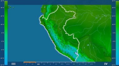 Animasyonlu efsanesi - parlayan şekli, idari sınırları, ana şehirler, sermaye ile Peru alanında minimum sıcaklığı aya göre. Sterografik projeksiyon