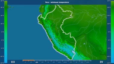 Animasyonlu efsanesi - İngilizce etiketleri ile Peru alanında aya göre minimum sıcaklığı: ülke ve sermaye adları, açıklama göster. Sterografik projeksiyon
