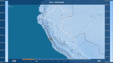 Rüzgar hızı aya göre animasyonlu efsanesi - İngilizce etiketleri ile Peru alanında: ülke ve sermaye adları, açıklama göster. Sterografik projeksiyon