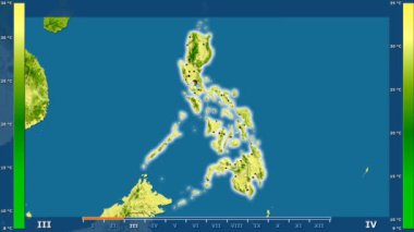 Animasyonlu gösterge - parlayan şekli, idari sınırları, ana şehirler, sermaye ile Türkiye bölgede maksimum sıcaklık aya göre. Sterografik projeksiyon
