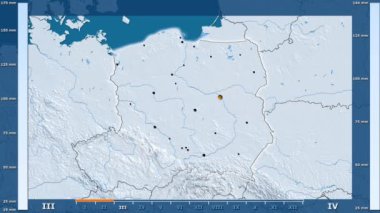 Animasyonlu gösterge - parlayan şekli, idari sınırları, ana şehirler, sermaye ile Polonya bölgede yağış aya göre. Sterografik projeksiyon