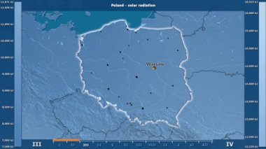 Aya göre güneş radyasyonu animasyonlu efsanesi - İngilizce etiketleri ile Polonya alanında: ülke ve sermaye adları, açıklama göster. Sterografik projeksiyon