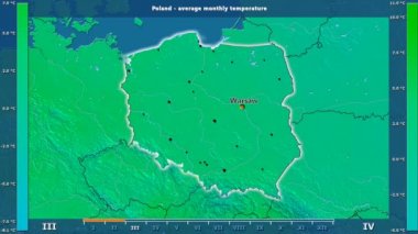 Ortalama sıcaklık ay tarafından animasyonlu efsanesi - İngilizce etiketleri ile Polonya alanında: ülke ve sermaye adları, açıklama göster. Sterografik projeksiyon