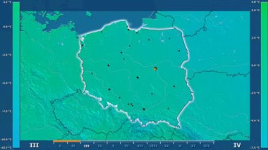 Animasyonlu efsanesi - parlayan şekli, idari sınırları, ana şehirler, sermaye ile Polonya alanında minimum sıcaklığı aya göre. Sterografik projeksiyon