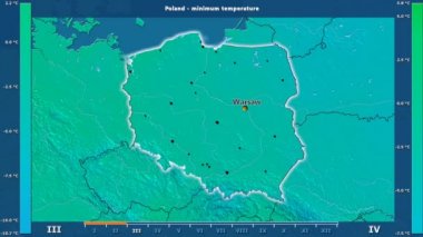 Animasyonlu efsanesi - İngilizce etiketleri ile Polonya alanında aya göre minimum sıcaklığı: ülke ve sermaye adları, açıklama göster. Sterografik projeksiyon