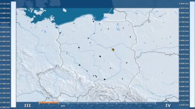 Animasyonlu gösterge - parlayan şekli, idari sınırları, ana şehirler, sermaye ile Polonya bölgede su buharı basıncı aya göre. Sterografik projeksiyon