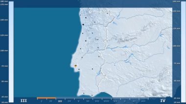 Animasyonlu gösterge - parlayan şekli, idari sınırları, ana şehirler, sermaye ile Portekiz bölgede yağış aya göre. Sterografik projeksiyon