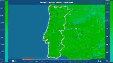 Ortalama sıcaklık ay tarafından animasyonlu efsanesi - İngilizce etiketleri ile Portekiz alanında: ülke ve sermaye adları, açıklama göster. Sterografik projeksiyon