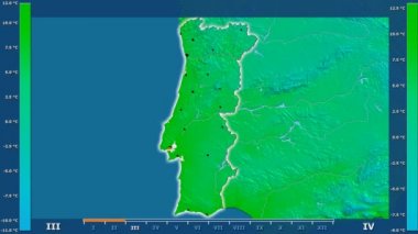 Animasyonlu efsanesi - parlayan şekli, idari sınırları, ana şehirler, sermaye ile Portekiz alanında minimum sıcaklığı aya göre. Sterografik projeksiyon