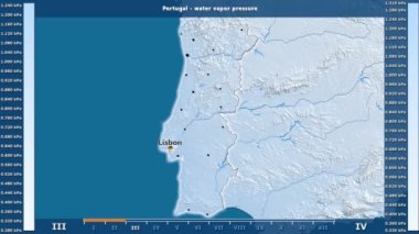 Animasyonlu efsanesi - İngilizce etiketleri ile Portekiz alanında aya göre su buhar basıncı: ülke ve sermaye adları, açıklama göster. Sterografik projeksiyon