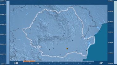 Animasyonlu efsanesi - parlayan şekli, idari sınırları, ana şehirler, sermaye ile Romanya alanında güneş radyasyonu aya göre. Sterografik projeksiyon