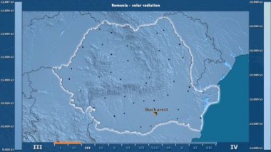 Aya göre güneş radyasyonu animasyonlu efsanesi - İngilizce etiketleri ile Romanya alanında: ülke ve sermaye adları, açıklama göster. Sterografik projeksiyon