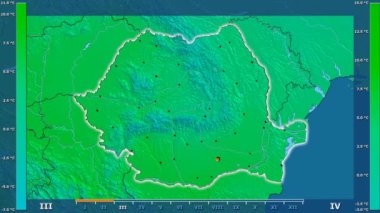 Animasyonlu efsanesi - parlayan şekli, idari sınırları, ana şehirler, sermaye ile Romanya alanında ortalama sıcaklık aya göre. Sterografik projeksiyon