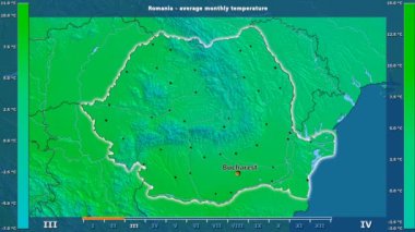 Ortalama sıcaklık ay tarafından animasyonlu efsanesi - İngilizce etiketleri ile Romanya alanında: ülke ve sermaye adları, açıklama göster. Sterografik projeksiyon