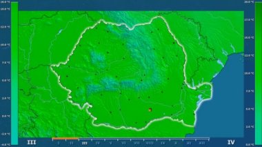 Animasyonlu efsanesi - parlayan şekli, idari sınırları, ana şehirler, sermaye ile Romanya alanında maksimum sıcaklık aya göre. Sterografik projeksiyon