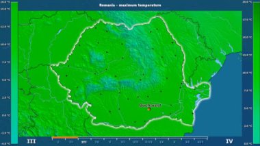 Aya göre maksimum sıcaklık animasyonlu efsanesi - İngilizce etiketleri ile Romanya alanında: ülke ve sermaye adları, açıklama göster. Sterografik projeksiyon