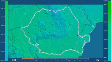 Animasyonlu efsanesi - parlayan şekli, idari sınırları, ana şehirler, sermaye ile Romanya alanında minimum sıcaklığı aya göre. Sterografik projeksiyon