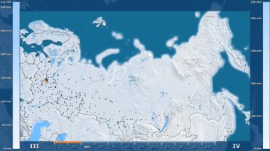Animasyonlu gösterge - parlayan şekli, idari sınırları, ana şehirler, sermaye ile Rusya bölgede yağış aya göre. Sterografik projeksiyon