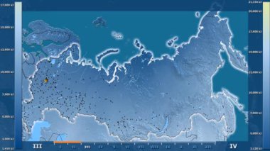 Animasyonlu efsanesi - parlayan şekli, idari sınırları, ana şehirler, sermaye ile Rusya Federasyonu bölgesinde güneş radyasyonu aya göre. Sterografik projeksiyon