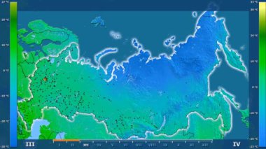 Animasyonlu gösterge - parlayan şekli, idari sınırları, ana şehirler, sermaye ile Rusya bölgede maksimum sıcaklık aya göre. Sterografik projeksiyon